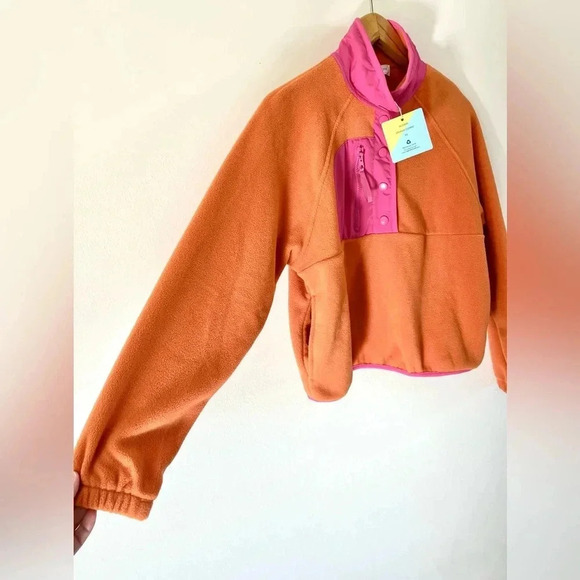 Hippie Rose Orange & Pink Combo Fleece Half Snap Button Cropped Pull-On Top XS - Picture 3 of 8
